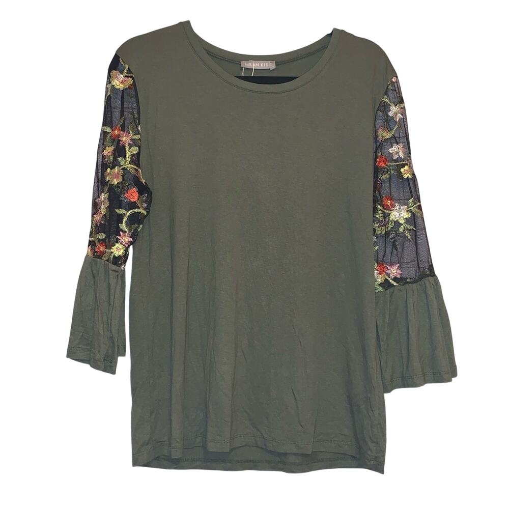 NWOT Milan Kiss‎ Olive Top Large Embroidered Mesh Sleeve Bell Sleeve Boho